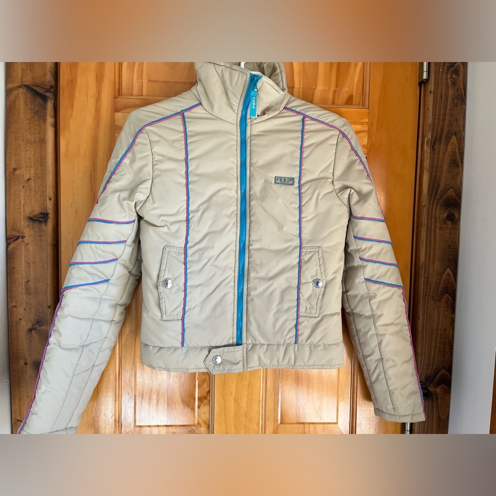 Vintage SEBO Paris lightweight nylon ski jacket tan pink blue retro xs s